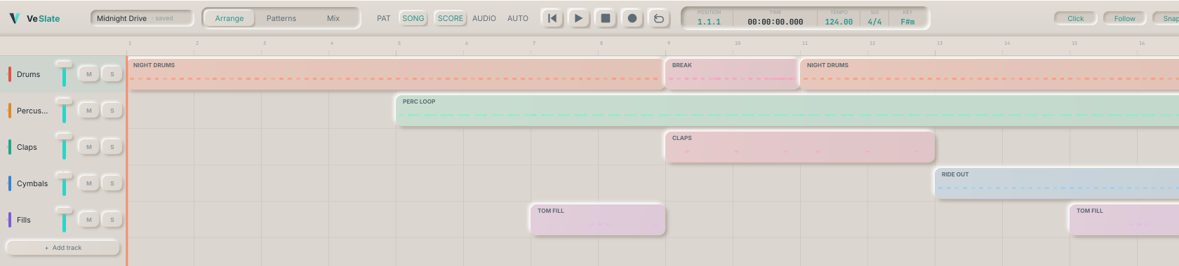 The Veslate arrangement view: five track lanes carrying pattern clips across sixteen bars.