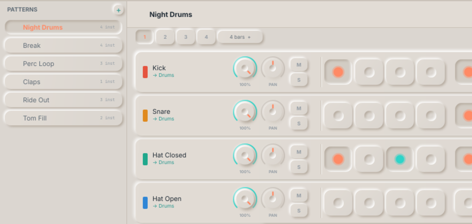 The pattern list beside four instrument rows, each with a level knob, a pan knob, mute and solo, and step pads.